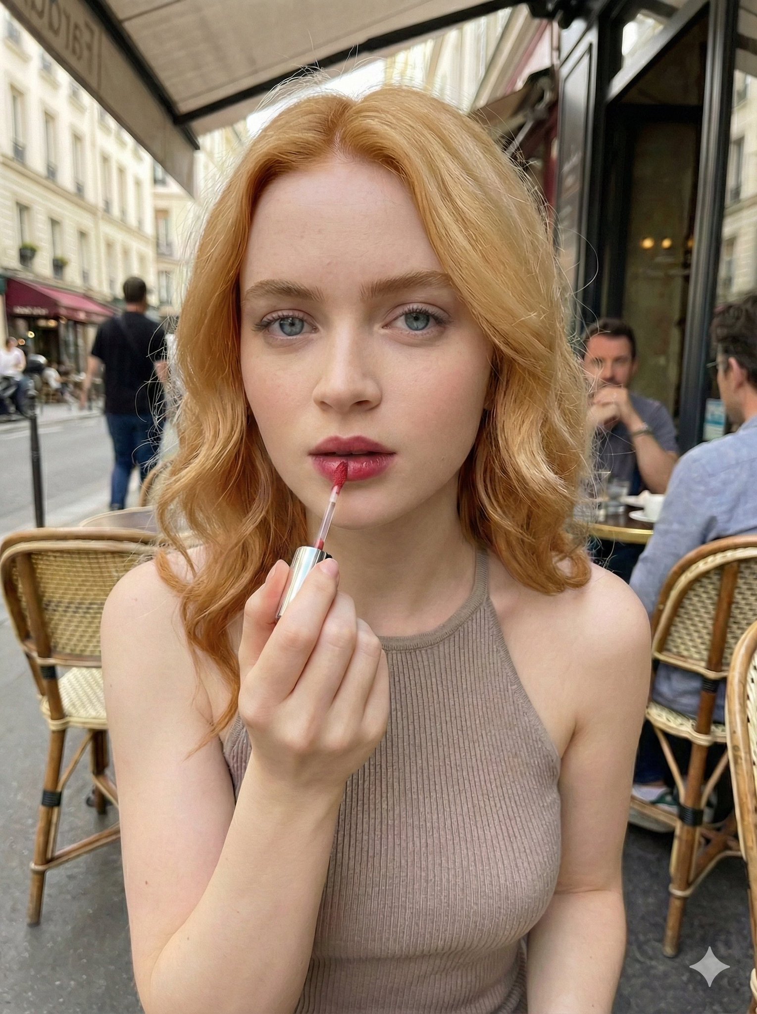 Free AI generated beauty portrait - blonde woman applying lip gloss at outdoor cafe