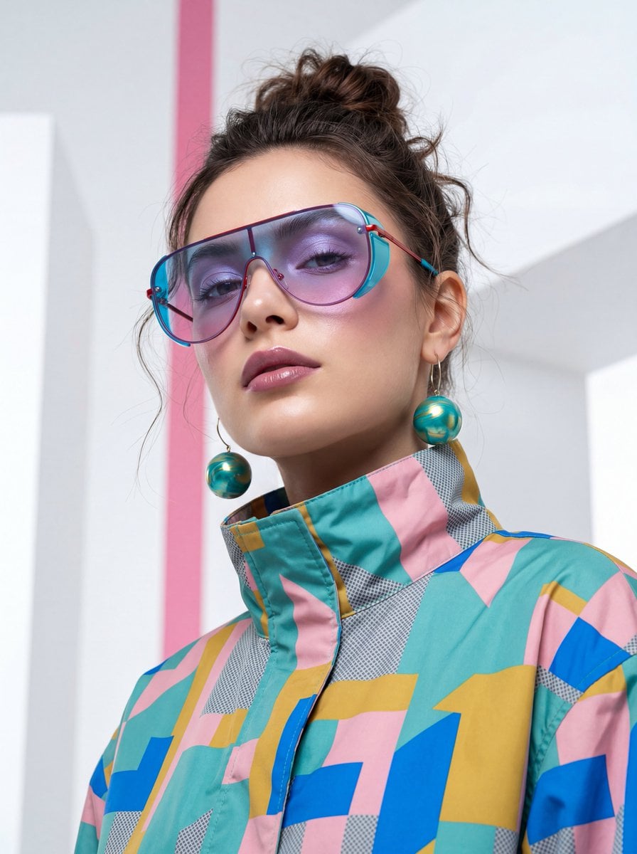 Free AI generated fashion portrait - woman with futuristic sunglasses and geometric windbreaker
