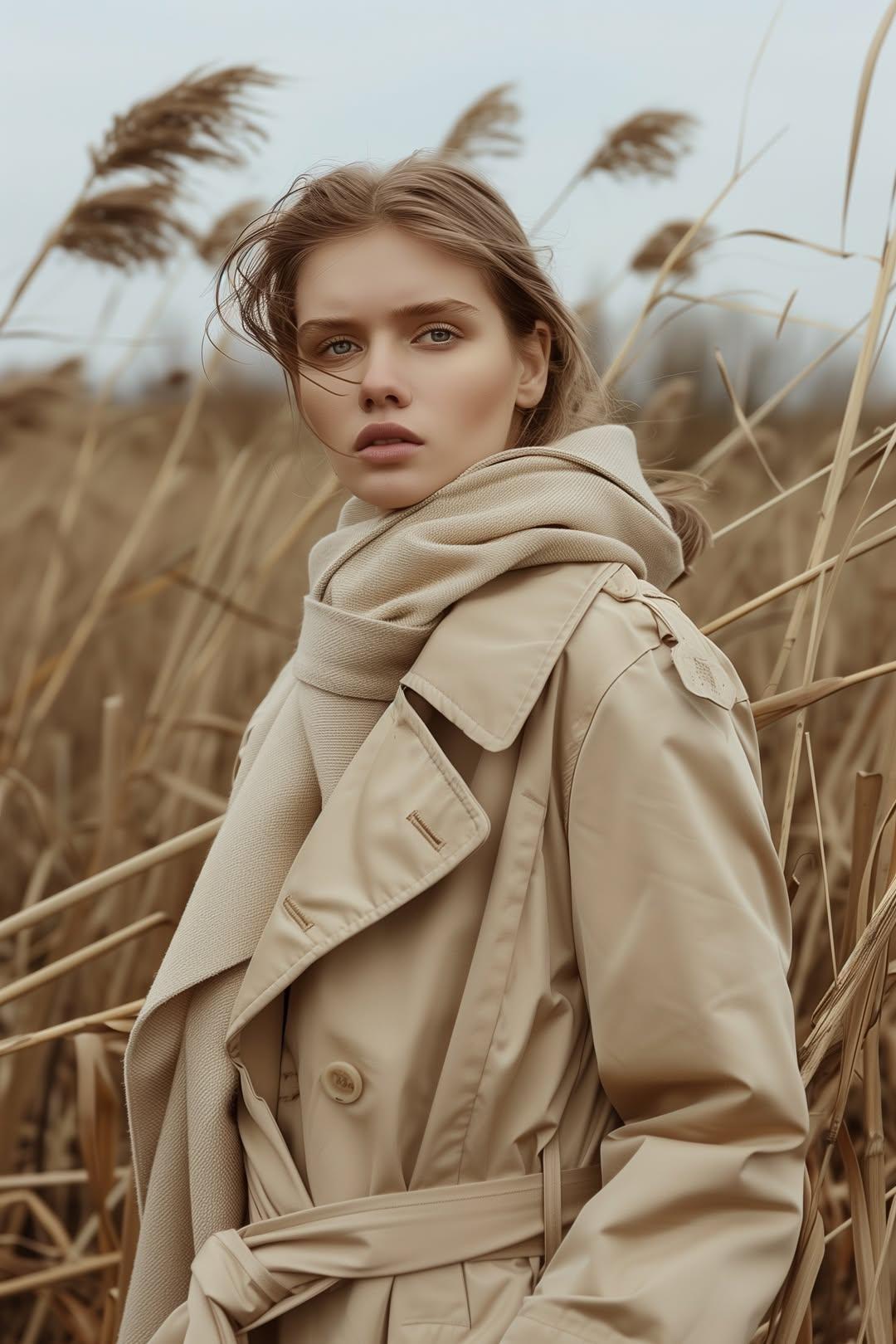 Free AI generated fashion portrait - woman in trench coat in dry reeds