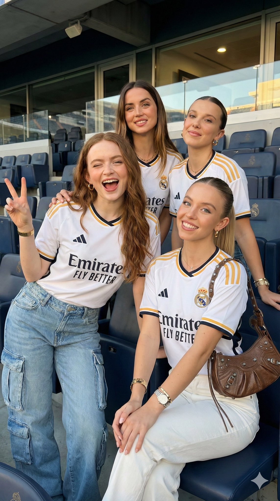 Free AI generated group portrait - four women in Real Madrid jerseys at stadium