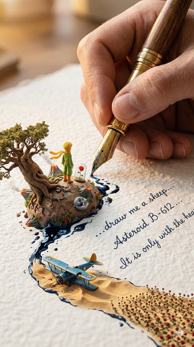 Free AI generated magical realism - colossal hand with fountain pen