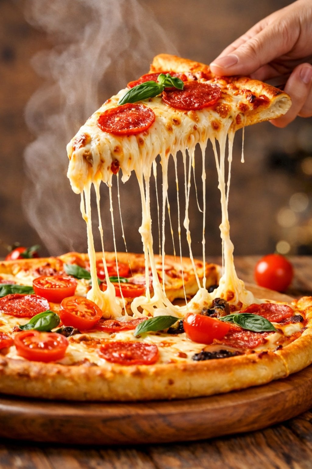 Free AI generated food photography - pepperoni pizza with cheese stretch