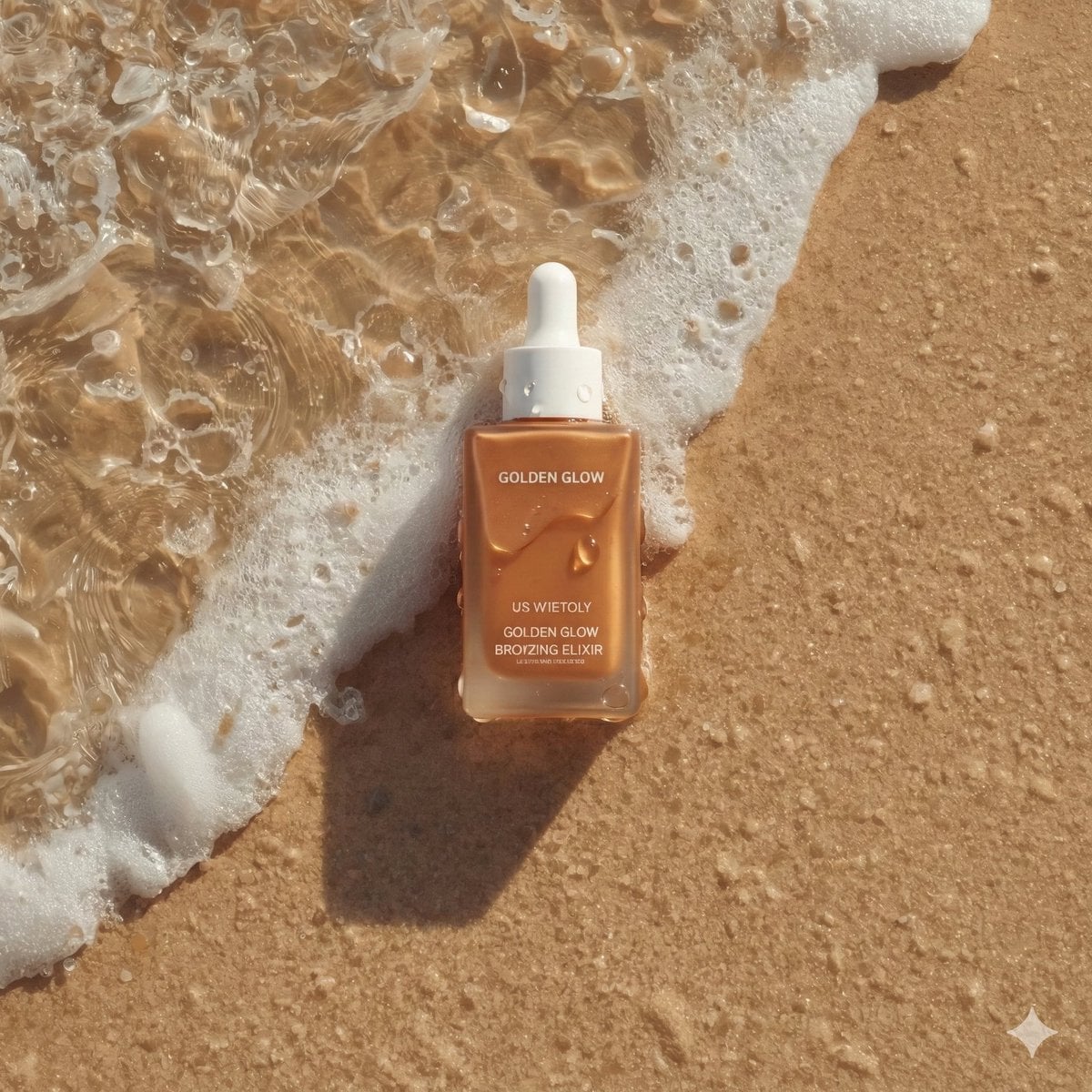 Free AI generated skincare product photography - bronzing elixir on beach