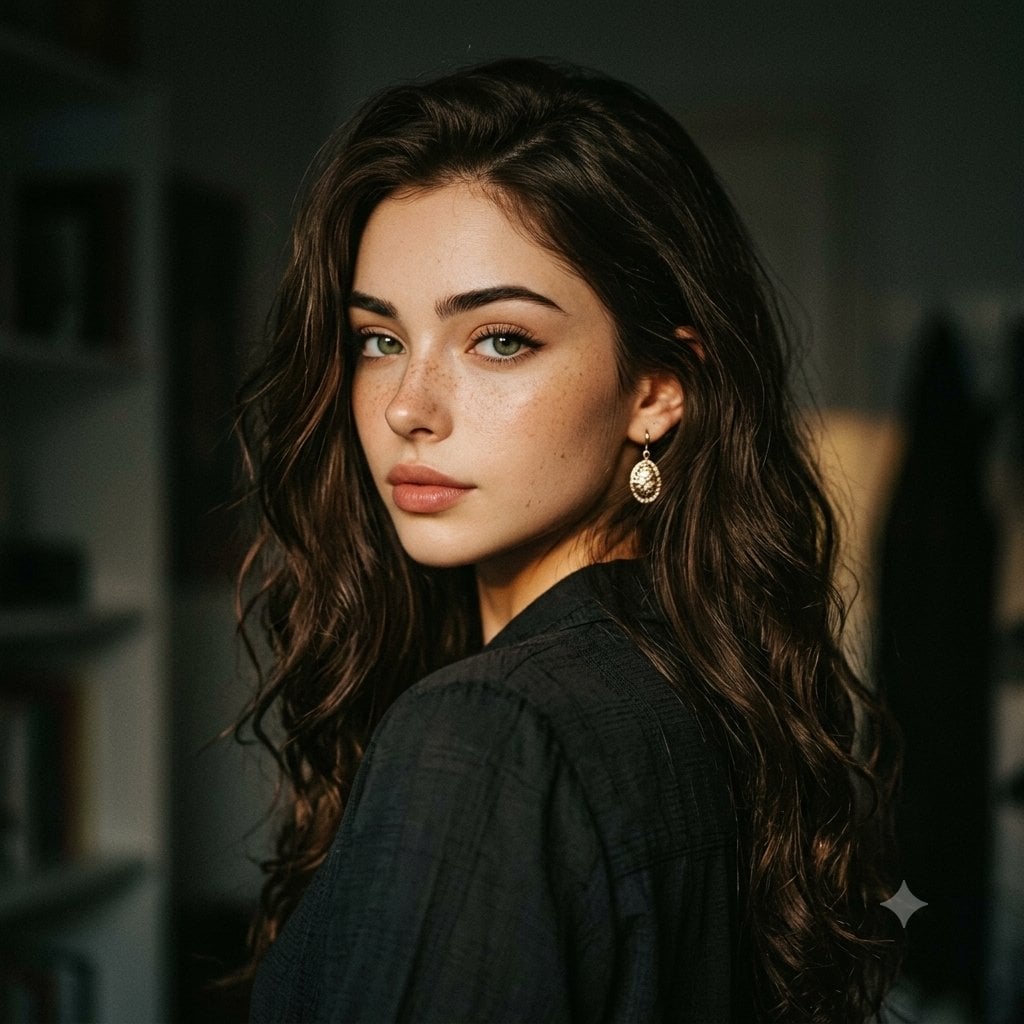 Free AI generated portrait - woman looking back in dark indoor setting